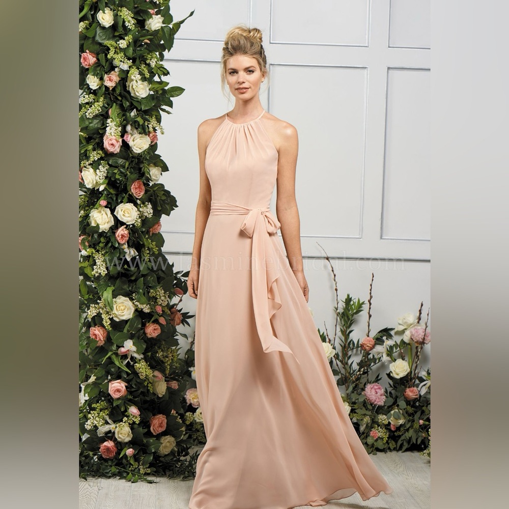 Long High-Neck Peach Halter Chiffon Bridesmaid Dress with Sash
